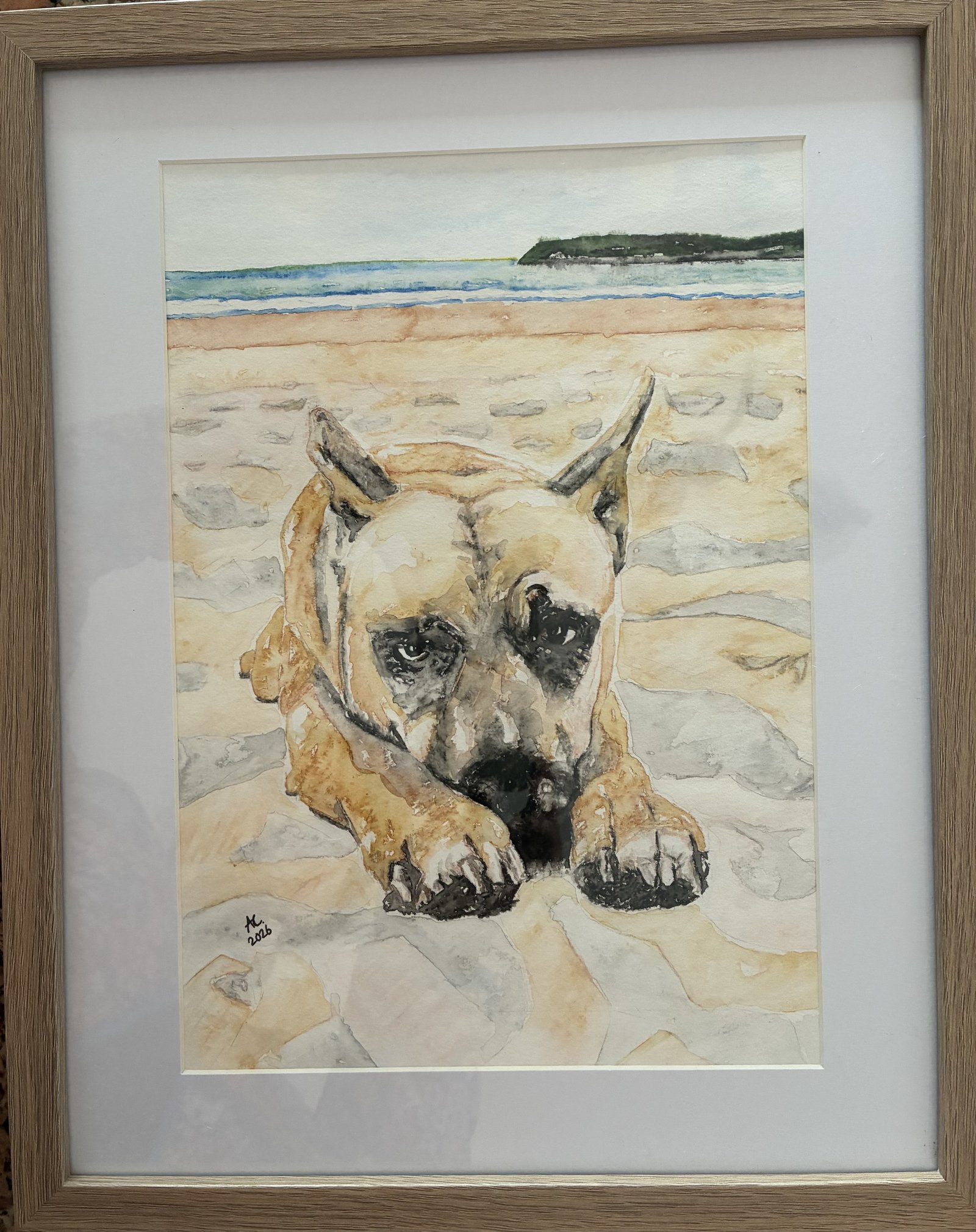 Watercolour portrait of a tan dog lying on the beach with the ocean behind