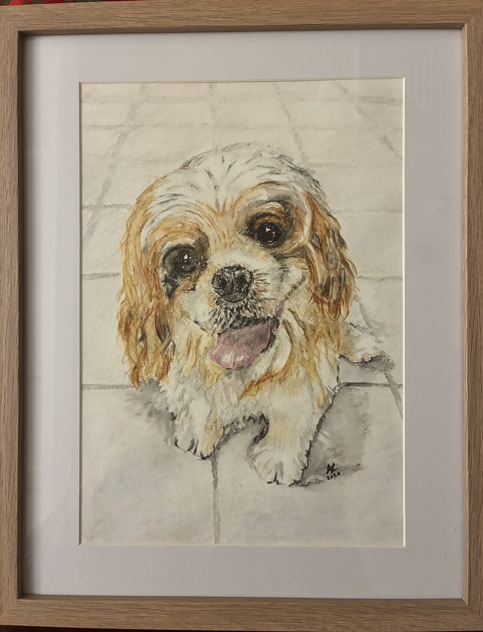 Watercolour portrait of a smiling cavalier spaniel with golden ears