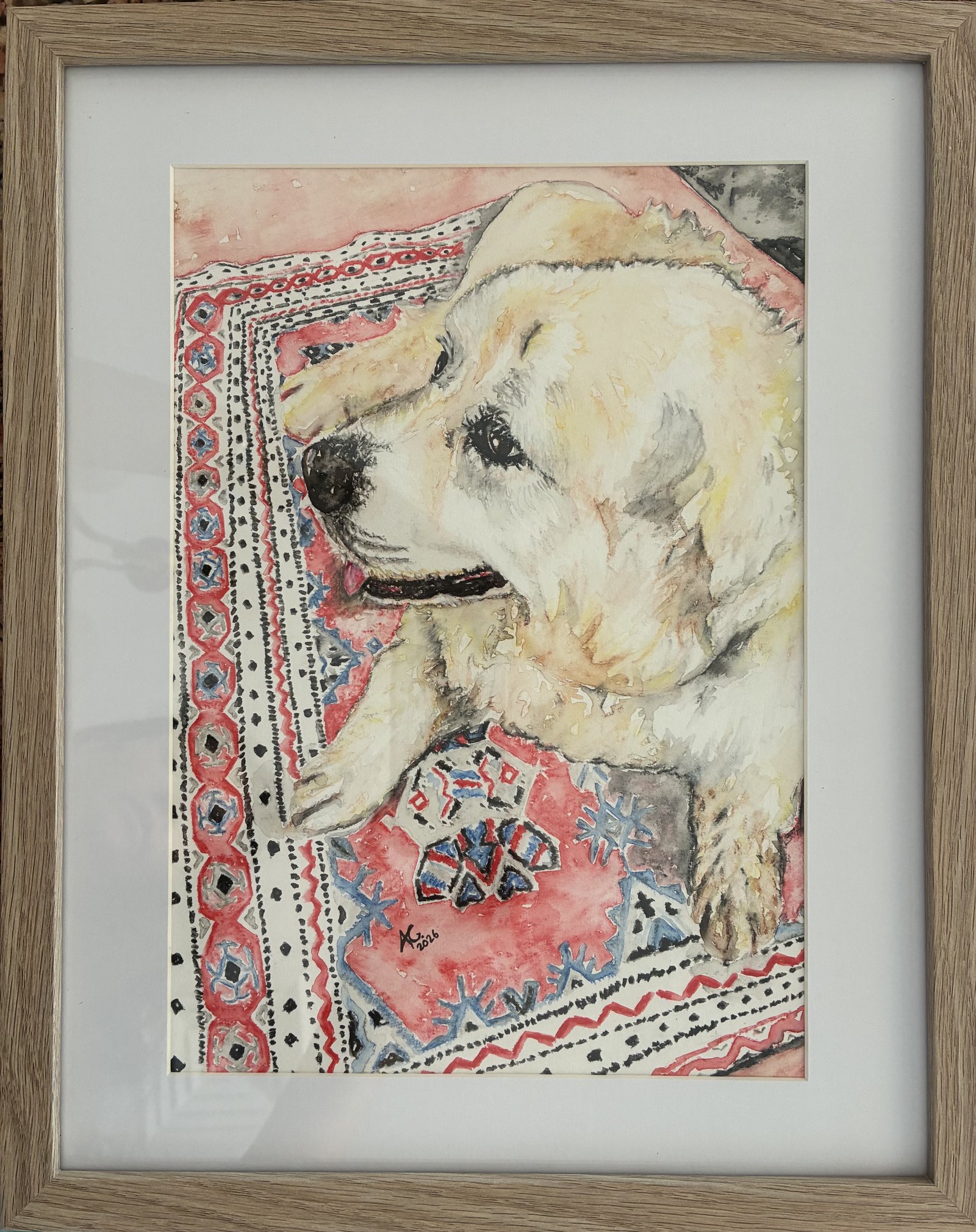 Watercolour portrait of a golden dog on a patterned rug